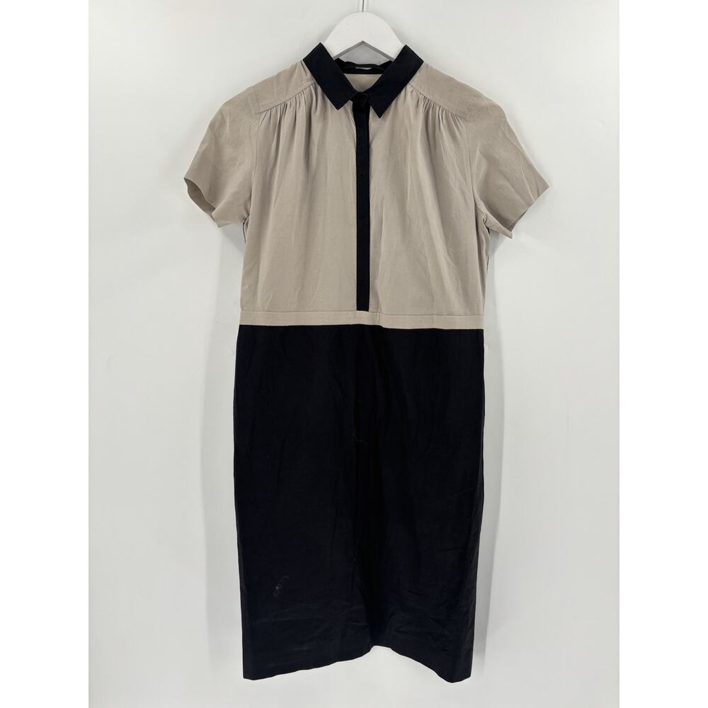 Les Copains Dress Womens Medium Taupe Black Snap Buttons Pleated Knee Length